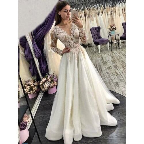 Lace Appliques Wedding Dress for Bride 2021 Long Sleeve V Neck Wedding Bridal Party Gown vestido de noiva