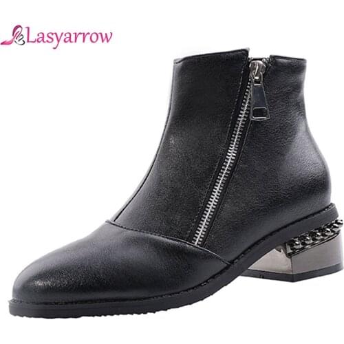 Lasyarrow 2020 Fashion Metal Decoration Square Middle Heel Ankle Boots Zipper Round Toe Autumn Winter Casual Women Boots J974