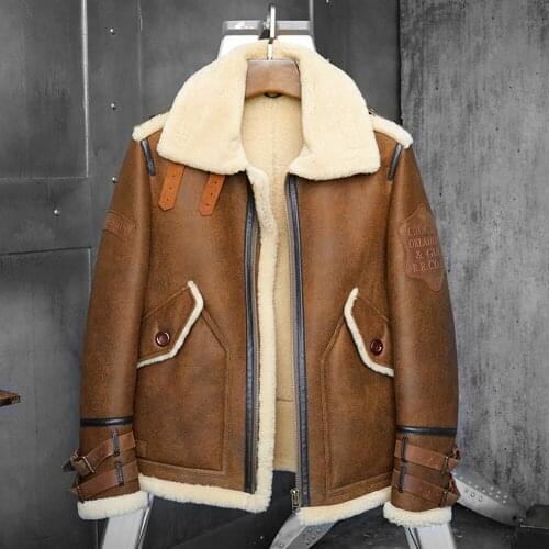 Winter New Mens B3 Shearling Jacket Mens Short Genuine Leather Coat Mens Winter Warm Motorcycle Leather Jacket