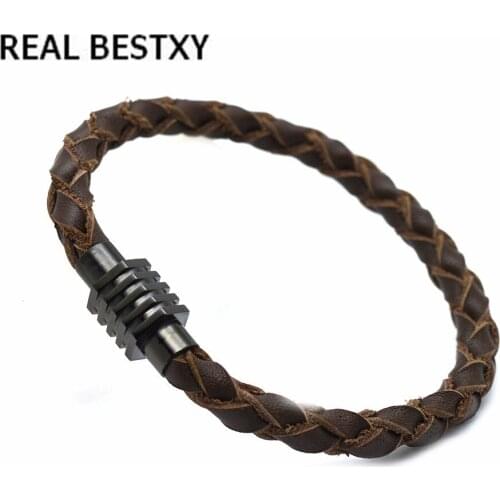 REAL BESTXY 2018 Men Jewelry Punk Black Braided Geunine Leather Bracelet Stainless Steel Magnetic Buckle Fashion Bangles