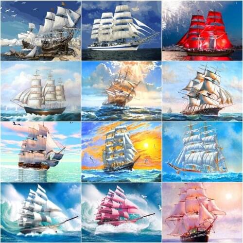 GATYZTORY Frame DIY Painting By Numbers Acrylic For Adult Colorful Sailboat By The Sea Hand Painted Oil Paint By Numbers For Hom