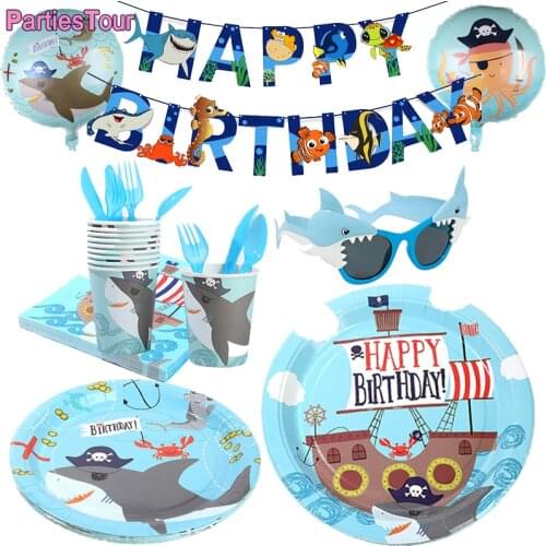 Ocean Shark Theme Birthday Party Tableware Paper Plates Cups Happy Brithday Banner Balllons for Baby Whale Shark Party Decortion