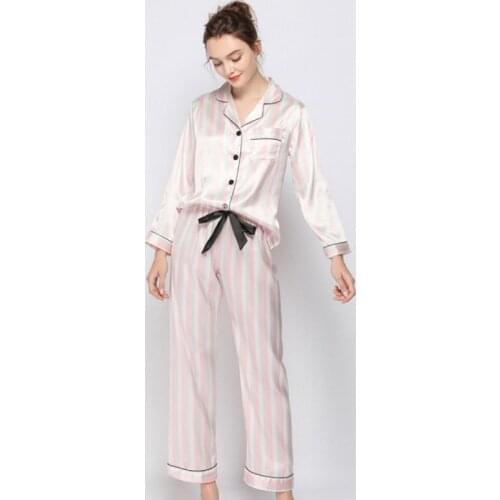 Pajamas Set Thin Silk Pajamas Womens Cute Lapel Long-Sleeved Trousers 2-Piece Set Womens Casual Home Warm Home Clothes