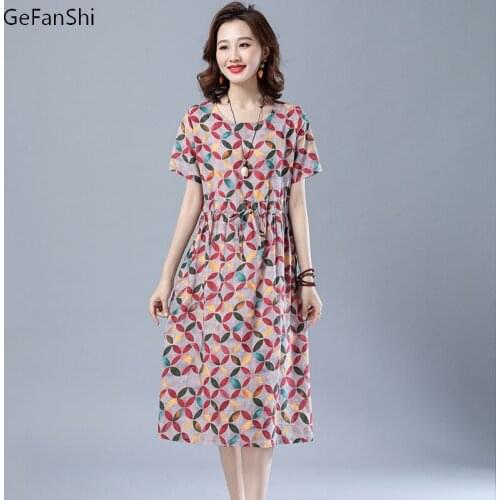 2021 New Cotton Linen Short Sleeve Dress Summer Print Vintage Casual Loose Elegant Women Dresses Clothes