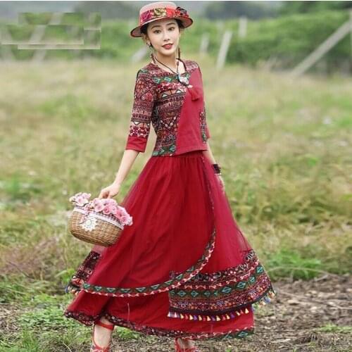 Holiday national style two piece womens wear new cotton and hemp top mesh tassel skirt red suit in spring and Autumn