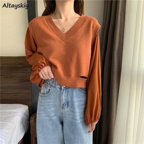 Pullovers Women V-neck Long Lantern Sleeve Hollow-out Casual Loose 5 Colors Korean Fake Two-piece Knitting Spring Streetwear Ins