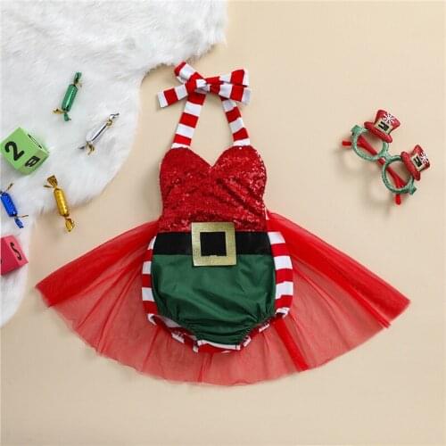 Toddler Baby Girls Christmas Rompers, Sequined Stripes Tied Halter Neck Sleeveless Backless Badysuit Tutu Skirt, 0-24 Months