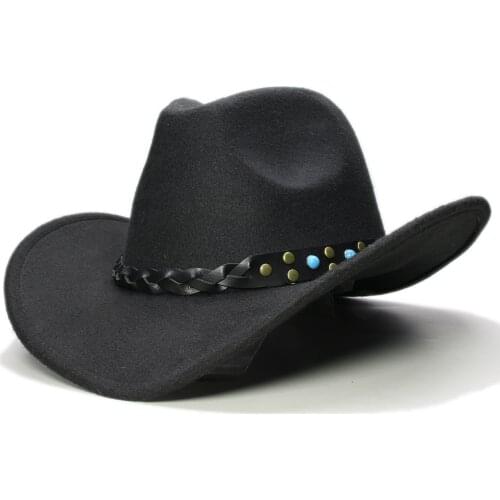 Vintage Parent-child Women Men /Kid Wool Wide Brim Cowboy Western Hat Cowgirl Bowler Cap Turquoise Bead Leather Band (57cm/54cm