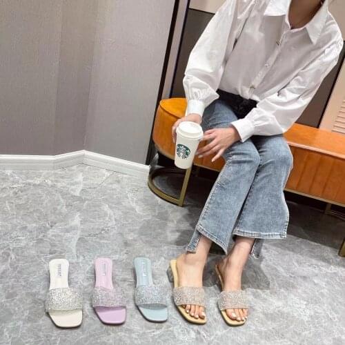 Rhinestone Women Slippers Open Toe Casual Slides Thick Mid Heels Summer Sandals Slides Shallow Slip On Mules Shoes Size 35-39