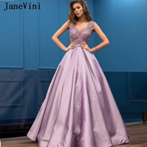 JaneVini 2020 Sexy Lavender A Line Long Evening Dresses V Neck Lace Appliques Beaded Satin Plus Szie Dubai Arabic Formal Gowns