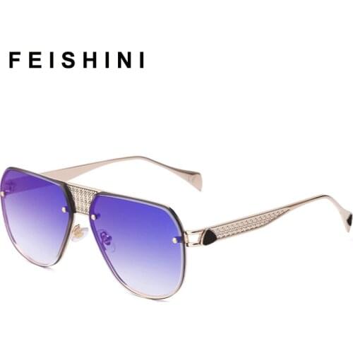 FEISHINI High Quality Brand Metal Sunglasses Men Retro Fashion Gradient Shield Trendy Sunglasses Women Oversized UV Protector