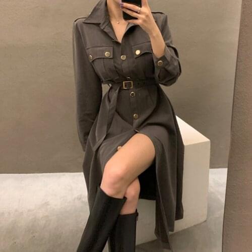 Spring and Autumn Solid Color Light Cooked Style Dress Lapel Single Row Metal Buckle Belt Pocket Design Mid-length Tooling Dress