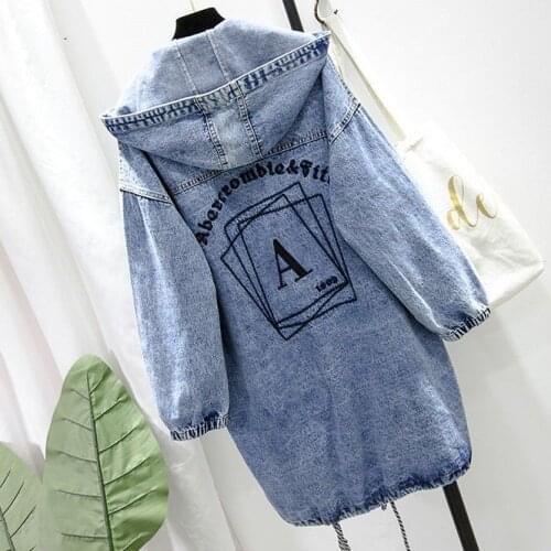 Korean version of large-size womens 2021 spring and autumn new fat MM loose hood casual embroidered windbreaker denim jacket
