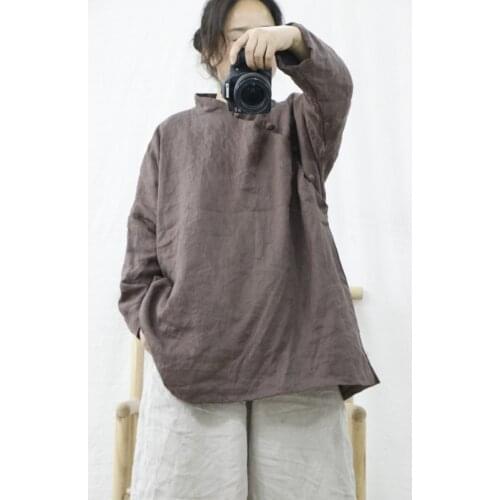 Women Linen Double Layer Retro Blouse Ladies Spring Autumn Loose Shirt Flax Tops Shirt Female Solid Color Blouse
