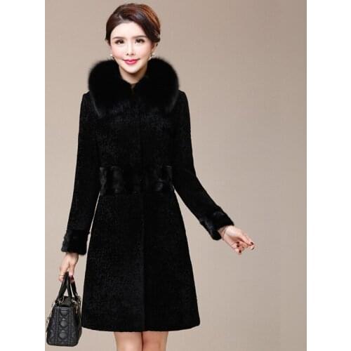 Real Fur Coat Women Long Winter Jacket Fox Fur Collar Sheep Shearing Wool Jackets Warm Mink Fur Coats Clothes 2020 822-1 KJ5185