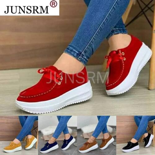 Womens Vulcanized Shoes Flock Ladies Sewing Flat Platform Lace-Up Casual Autumn Female Plus Size 2020 Fashion New Comfort