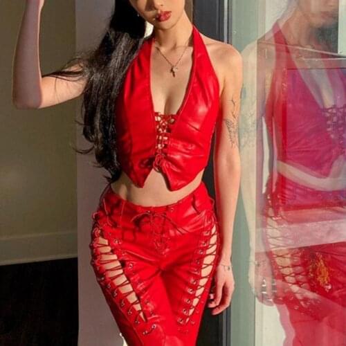 Women Chic Hollow Out Bandage Sexy Summer Women Pants Hollow Out Slim Punk Ladies Solid Color Faux Leather Pants for Club