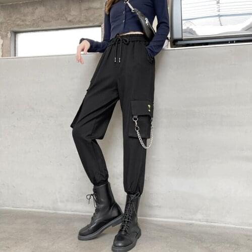 2021 Women Trousers Casual Spring Solid Black Cargo Pants With Pockets Plus Size Buttons Decorate Bootcuts Casual Wear P9660