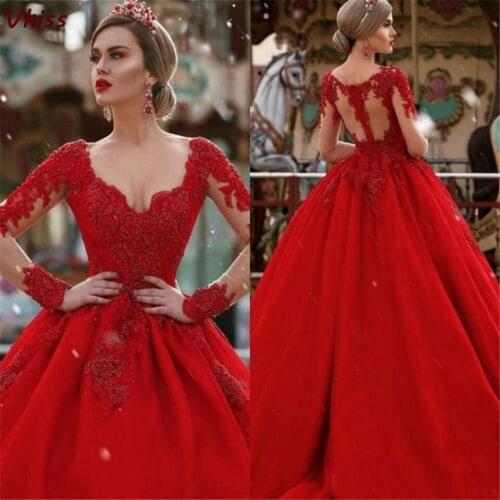 Red Ball Gown Formal Evening Dresses 2020 New Elegant Women Robe De Soiree Illusion Long Sleeves Satin Lace Prom Long Maxi Dress