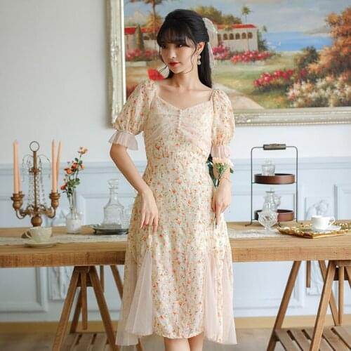 Floral Dress Women Summer French Romantic Girl Mesh Beaded V-neck Elegant Puff Sleeve Chiffon Print Sweet Gentle Fairy Dresses