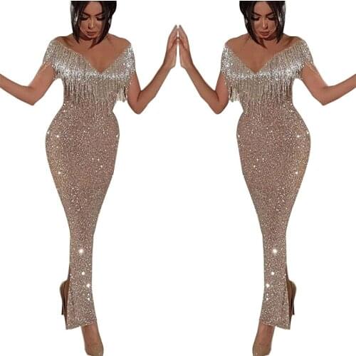 V-neck Fringed Card Shoulder Dress Sexy Bag Hip Bronzing Craftsmanship Slim Ladies Dress Dress Dress Evening Dress Party