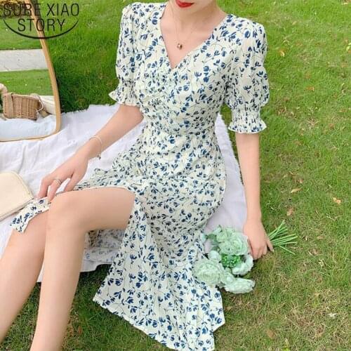 Summer Floral Dress Women French Vintage Retro Split Dress Sexy Office Lady Casual Slim Fit Designer Fairy Mini Dress New 14554