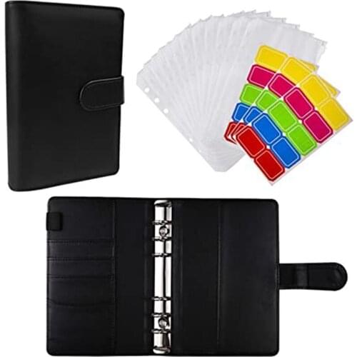 A6 PU Leather Notebook Binder Cover with 12Pcs Binder Pockets, Binder Loose Leaf Zipper Bags Envelope System Planner