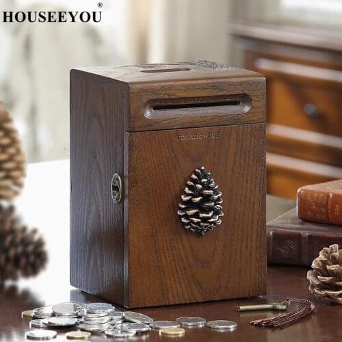 American Retro Piggy Bank Solid Wood Handmade Art Child Coin Box Home Decoration Money Saving Case With Built-in Lock