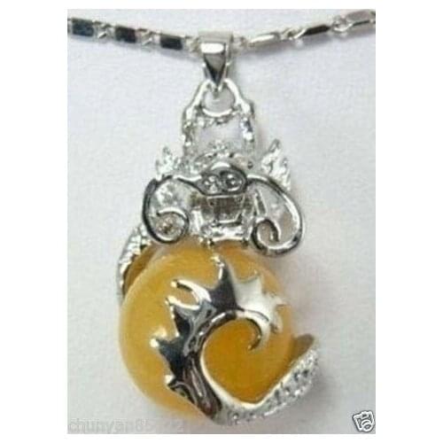 FREE SHIPPING>>>@@ > N3626 Beautiful yellow stone Ball Dragon Pendant Necklace