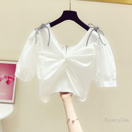 Blouses Womans 2021 Summer New Diamond Bow Shoulder V-neck Knot Puff Sleeve Shirt Ladies Casual Short Shirt Blusas Crop Top