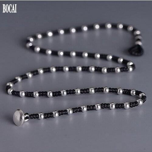 BOCAI New Creative oil wax rope sweater chain female 100% real s925 silver 4mm silver beads hand-woven chain woman necklace