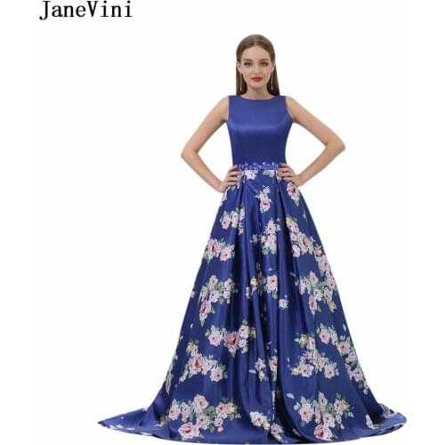 JaneVini Gorgeous Beaded Floral Print Long Bridesmaid Dresses Scoop Neck Backless Satin A Line Prom Dress Sweep Train Damigella