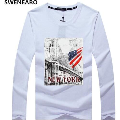 SWENEARO Mens Clothing Brands Tees T-Shirts Fashion American Flag Printed Cotton Long-sleeved T-shirt Men Tees T Shirts S- 5XL