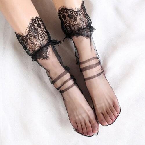 Classic Black Lace Mesh Ruffle Socks Women Transparent Crystal Silk Fluffy Socks Korean Japanese Glass Filament Sheer Sock