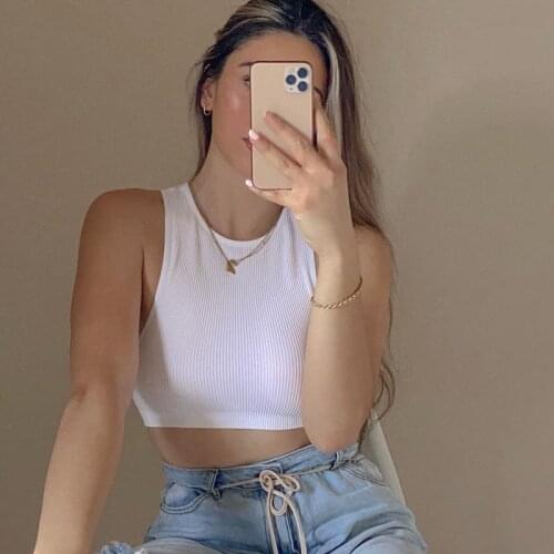 Ruched Cotton Knitted Summer Lady Crop Tops Casual Solid Color O-Neck Slim Tank Top Streetwear Plus Size M30470