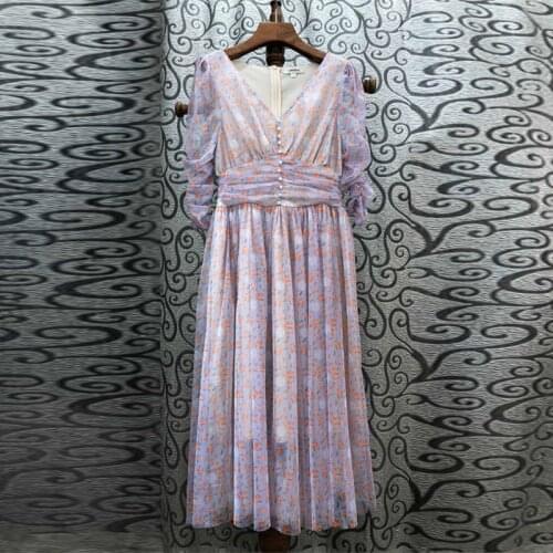 Ladies Summer Vintage Print Floral Dress Runway Women Sexy V-Neck Folds Puff Sleeve Elegant Vacation Party Long Dresses Vestidos