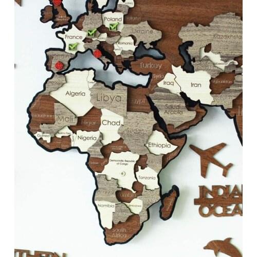 Metal and wooden world map 3D wall decor natural paint off design 150x87 cm