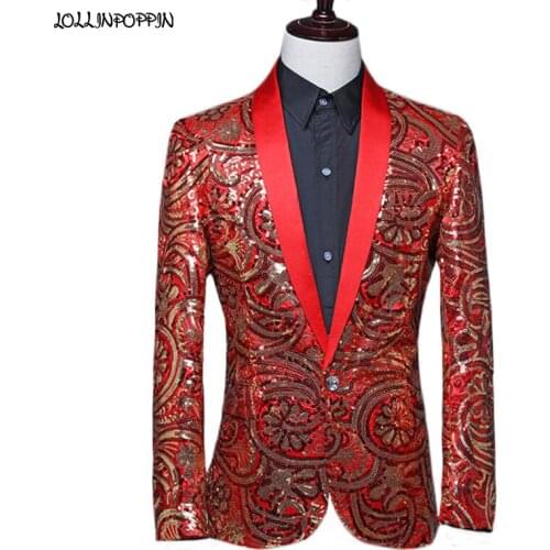 Men Floral Sequin Suit Jacket 2021 New Stage Performance Host Costume Shawl Collar Single Button Male Paillette Coat