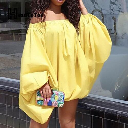 Plain Puffed Long Sleeve Casual Loose Mini Dress Women Slash Neck Dress