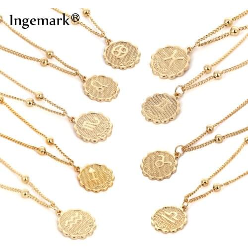 Ingemark 12 Zodiac Constellation Carve Coin Pendant Necklace Simple Copper Leo Beads Clavicle Chain Necklace Sexy Couple Jewelry