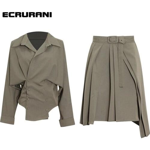 ECRURANI Casual Skirts Suits For Females Lapel Long Sleeve Coats High Waist Irregular Mini Skirt Womens Solid Sets 2021 Autumn