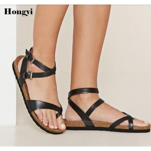 Women Sandals Flat With Shoes Bandage Bohemia Leisure Lady Buckle Sandals Peep-Toe Outdoor womens summer footwear Shoes Size44