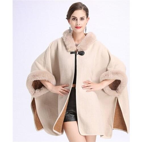 SWONCO Woolen Coat Cape Women 2019 Fur Cape Coat Hooded Warm Faux Rabbit Fur Poncho And Capes For Women Winter Cloak Long Poncho