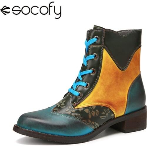 SOCOFY Women Retro Style Ankle Boots Stitching Color Block Comfy Warm Lace Up Zipper Block Heel Casual Outdoor Short Boots