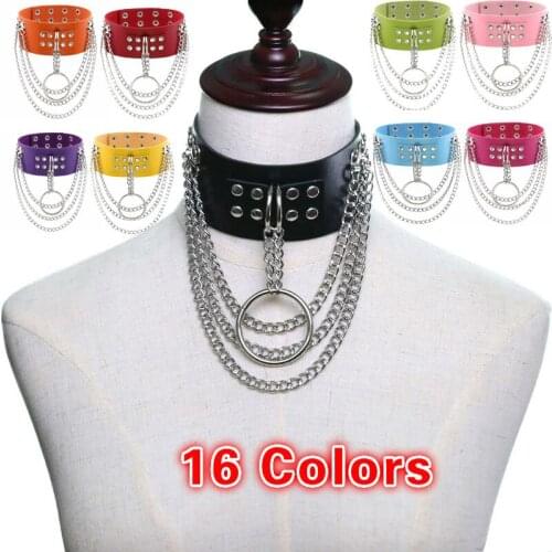 O Ring Pendant PU Choker Punk Bondage Necklace Wide Collar With Metal Chain Tassels Gothic Clavicle Choker Novelty Accessories