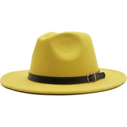 Yellow White Fedora Hats For Women Imitation Wool Fedoras Panama Felt Hat Winter Men Jazz Hats Trilby Chapeau Femme Caps 56-60CM