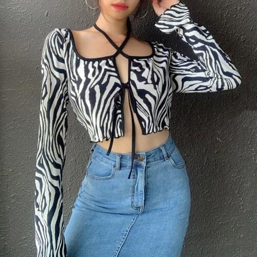 Female Striped Zebra Print Wild Lace Trim Crop Party Tops Cardigan Fashionable Sexy Sweet Tight-fitting T Shirt Long Sleeve Tops