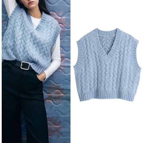 Women Sweaters Za Fashion 2021 Twisted V Neck Sleeveless Sweaters Winter Thick Vest Sweater Loose Oversized Pullovers Mujer Top