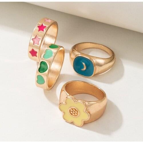 Women Fashion Gold Color Flower Star Ring Enamel Thick Ring Size Colorful Luxury Spring Fine Lucky Jewelry Heart Moon Rings Gift