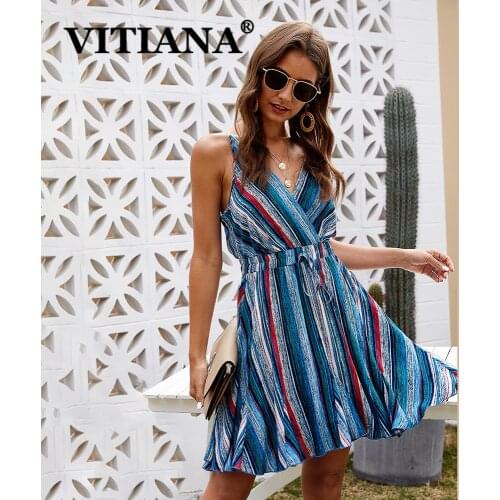 VITIANA Women Striped Blue Dress For Womens Summer 2020 Female Sleeveless Backless Sexy Party Dresses Woman Beach Vestidos